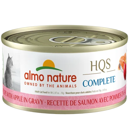    - High-fiber cat food  Almo Nature HQS Complete Salmon Recipe with Apple in gravy Wet Cat Food