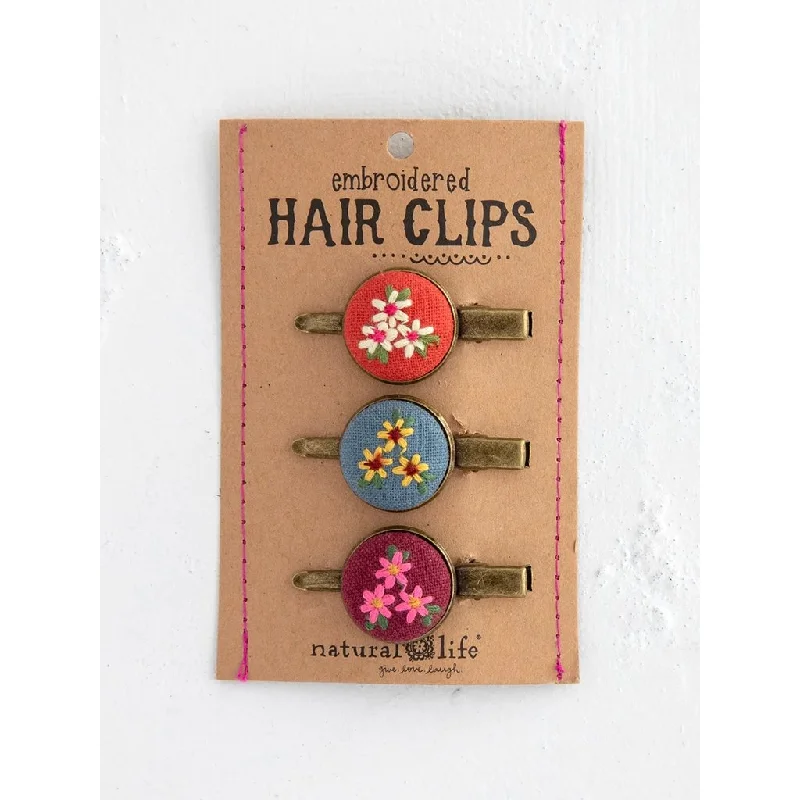 Natural Life : Embroidered Button Hair Clips, Set of 3