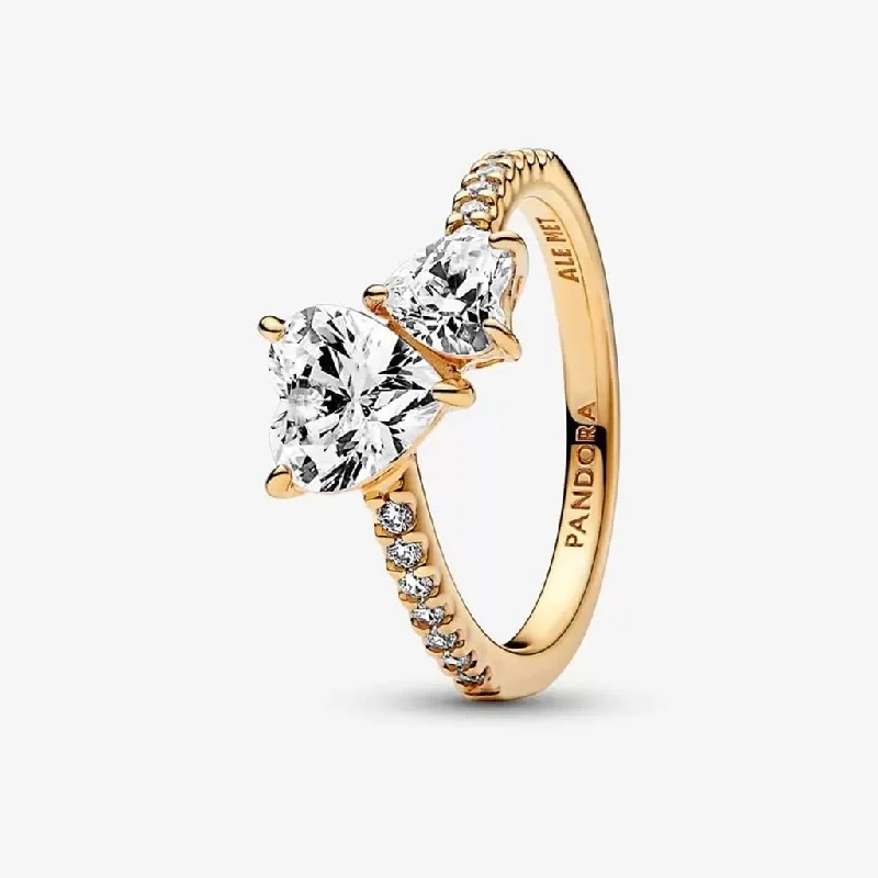 PANDORA : Double Heart Sparkling Ring in Gold Plated