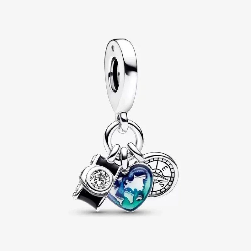 PANDORA : Camera, Heart & Compass Triple Dangle Charm